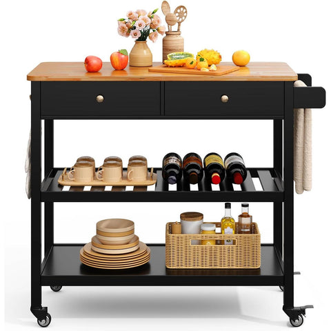 Black Kitchen Island Cart with Wood Top 2 Shelves 2 Drawers and Locking Wheels