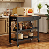Black Kitchen Island Cart with Wood Top 2 Shelves 2 Drawers and Locking Wheels