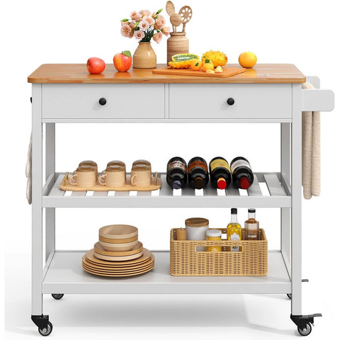 White Kitchen Island Cart with 2 Drawers Wood Top and Locking Wheels