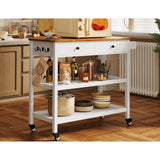 White Kitchen Island Cart with 2 Drawers Wood Top and Locking Wheels
