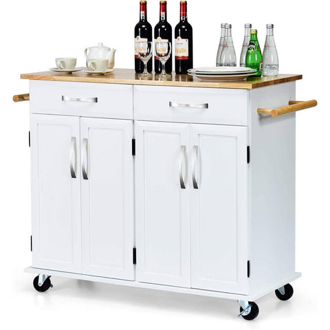 White Kitchen Cart Island with Wood Top 2 Drawers and Bottom Storage Cabinet