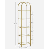 Arched Top Gold Metal Display Rack Narrow Bookcase with 5 Glass Storage Shelves