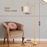 63-inch Gold Modern Arc Floor Lamp with Beige Linen Drum Shade