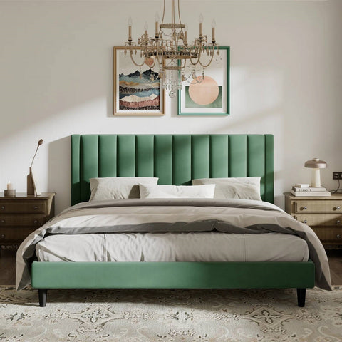 King size Modern Green Velvet Upholstered Platform Bed with Headboard