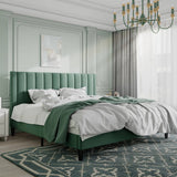 King size Modern Green Velvet Upholstered Platform Bed with Headboard