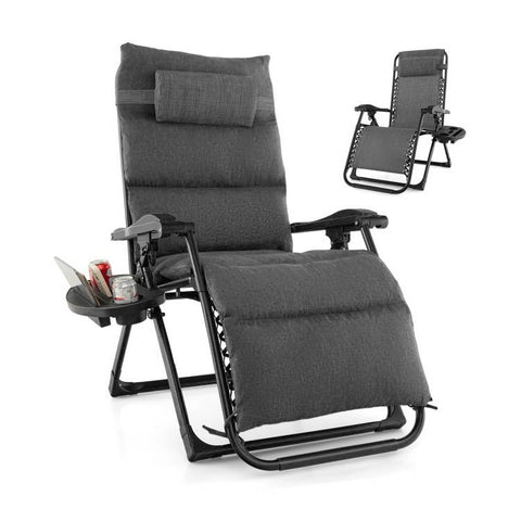 Grey Zero Gravity Adjustable Lounge Chair Removable Cushion Cup Holder Tray
