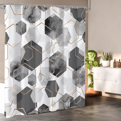 72"W x 84"H Gray White Geometric Hexagon Pattern Polyester Shower Curtain