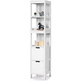 Bathroom Cabinet Tower with 2 Storage Drawers and 3 Shelves in White Wood Finish