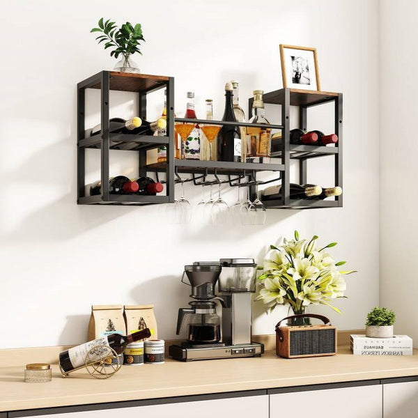 Industrial Wood Metal Wall Mounted Wine Rack Shelf with Glass Holders ...