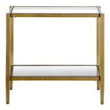 Rectangular Side Table Gold Antique Brass Metal Glass Top Bottom Shelf Sofa Table
