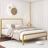 Queen size Gold Metal Platform Bed Frame with Beige White Upholstered Headboard