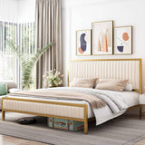 Queen size Gold Metal Platform Bed Frame with Beige White Upholstered Headboard