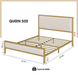 Queen size Gold Metal Platform Bed Frame with Beige White Upholstered Headboard