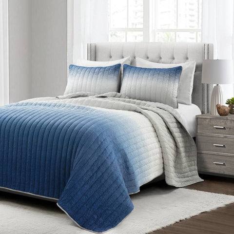 King size Blue Grey Lightweight Crinkle Fabric 3 Piece Quilt Set