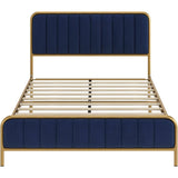 King Gold Metal Platform Bed Frame with Navy Blue Velvet Upholstered Headboard