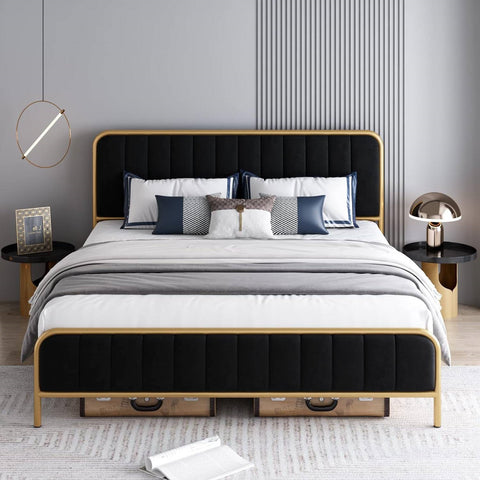 King Gold Metal Platform Bed Frame with Black Velvet Upholstered Headboard