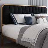 King Gold Metal Platform Bed Frame with Black Velvet Upholstered Headboard