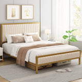King size Gold Metal Platform Bed Frame with Beige White Upholstered Headboard