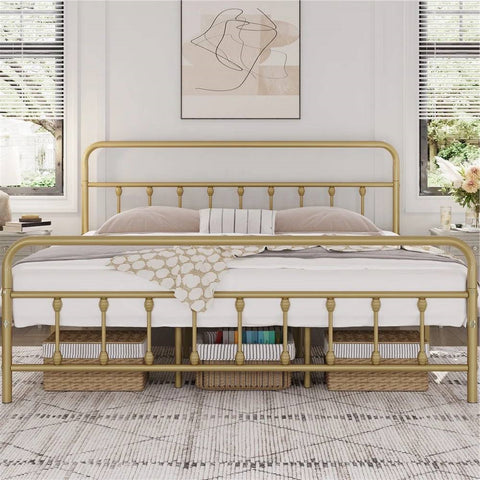 King size Vintage Antique Gold Metal Platform Bed Frame with Headboard Footboard