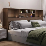 King size Bookcase Headboard in Brown Wood Finish with LED Lights