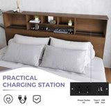 King size Bookcase Headboard in Brown Wood Finish with LED Lights