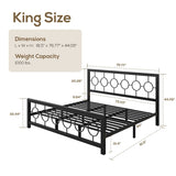 King Black Metal Platform Bed Frame with Circle Medallion Headboard Footboard