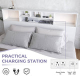 King size Bookcase Headboard in White Wood Finish with LED Lights