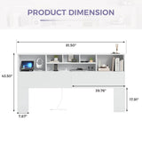 King size Bookcase Headboard in White Wood Finish with LED Lights