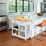 White Kitchen Island Cart with Wood Top Storage Cabinet and Locking Casters