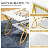 Modern White Faux Marble 2 Tier Coffee Table with Gold Finish Metal Curved Legs