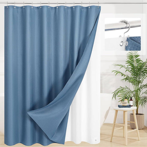 72"W x 84"H Blue Waffle Textured 3 in 1 Shower Curtain Set