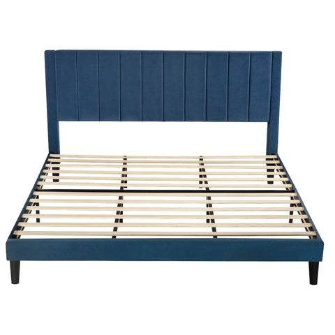 King size Modern Navy Blue Velvet Upholstered Platform Bed with Headboard