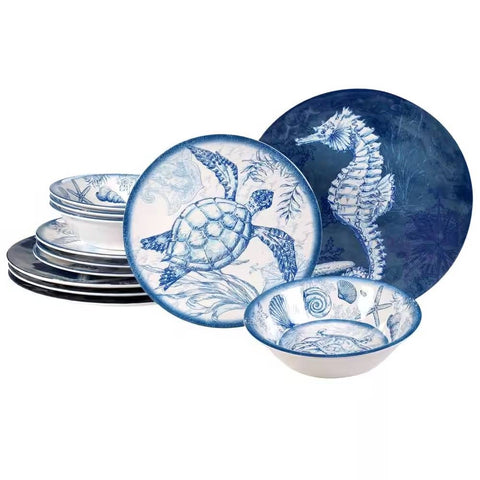 12-Piece Sea Shells Ocean Theme Dinnerware Set in Blue and White - Service for 4