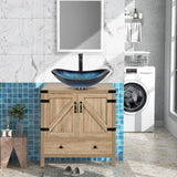 Farmhouse Wood Finish Bathroom Vanity w/ Blue Glass Sink Black Faucet and Drain