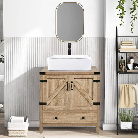 Farmhouse Wood Finish Bathroom Vanity with White Sink - Black Faucet and Drain