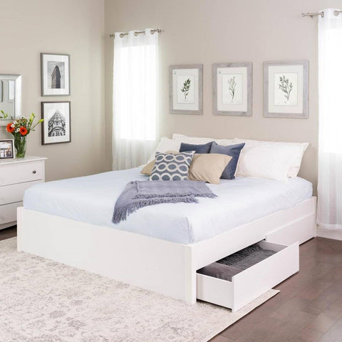 King Size 2 Drawer Storage White Wooden 4 Post Platform Bed  Frame