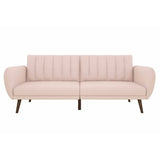 Pink Linen Futon Sofa Bed with Modern Mid-Century Style Wooden Legs
