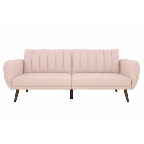 Pink Linen Futon Sofa Bed with Modern Mid-Century Style Wooden Legs