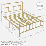 Queen Vintage Antique Gold Metal Platform Bed Frame with Headboard Footboard