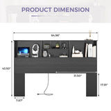Queen size Bookcase Headboard in Black Wood Finish with LED Lights