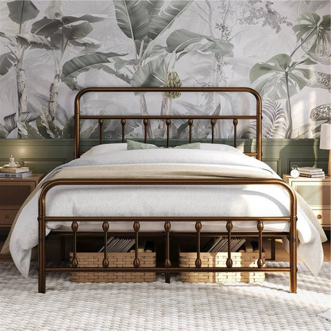 Queen size Vintage Bronze Metal Platform Bed Frame with Headboard and Footboard