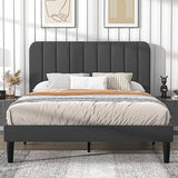Queen size Dark Grey Upholstered Platform Bed Frame with Headboard