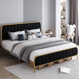Queen Gold Metal Platform Bed Frame with Black Velvet Upholstered Headboard