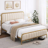 Queen size Gold Metal Platform Bed Frame with Off-White Upholstered Headboard