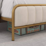 Queen size Gold Metal Platform Bed Frame with Off-White Upholstered Headboard