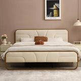Queen Beige Upholstered Headboard Footboard Platform Bed with Gold Metal Frame