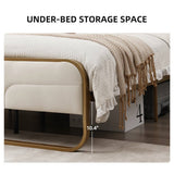 Queen Beige Upholstered Headboard Footboard Platform Bed with Gold Metal Frame