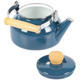 1.5 Qt. Steel Teapot Kettle w/ Blue White Glossy Enamel Coating and Wood Handle