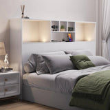 Queen size Bookcase Headboard in White Wood Finish with LED Lights