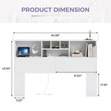 Queen size Bookcase Headboard in White Wood Finish with LED Lights